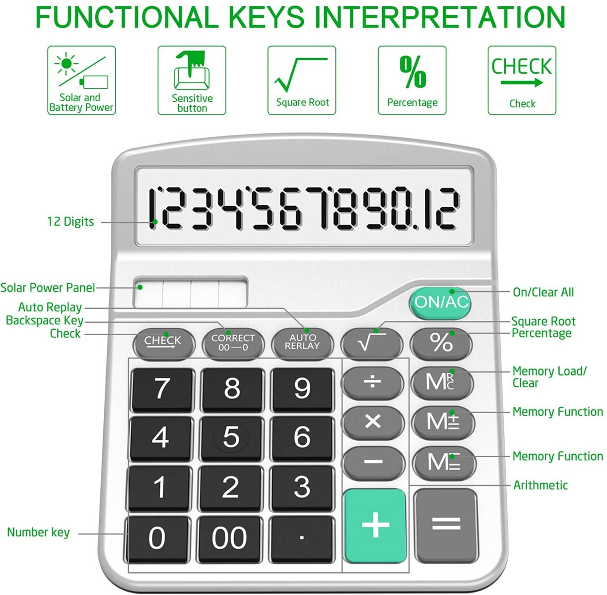 Desktop Basic Calculators with 12 Digit Large LCD Display Solar Battery Dual Power Office Calculator