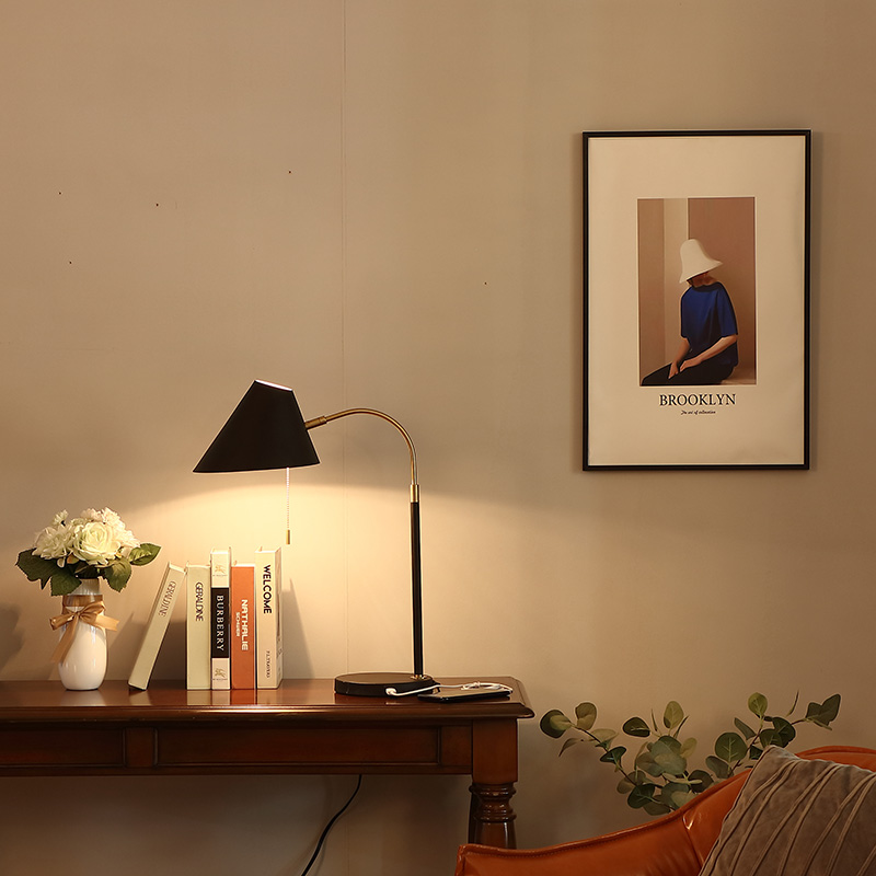 LED Light Industrial Black Metal Table Lamp with Adjustable HeadDesk Lamp with USB Charging Port