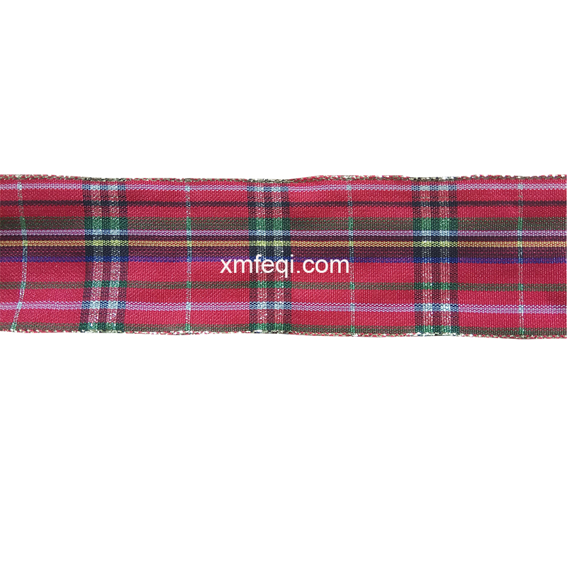 Wired red tartan ribbon plaid Christmas ribbon with gold edge