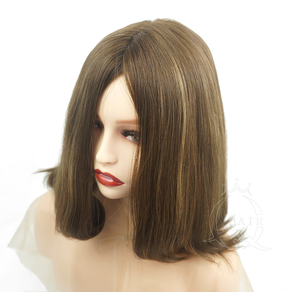 B15 inches medium brown color with slight highlight human hair wig jewish wig