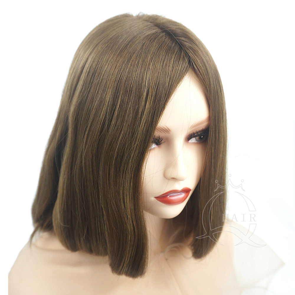 B15 inches medium brown color with slight highlight human hair wig jewish wig