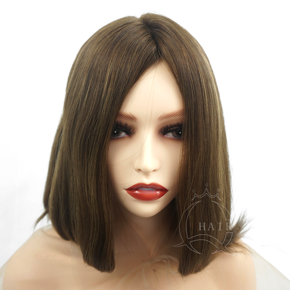 B15 inches medium brown color with slight highlight human hair wig jewish wig