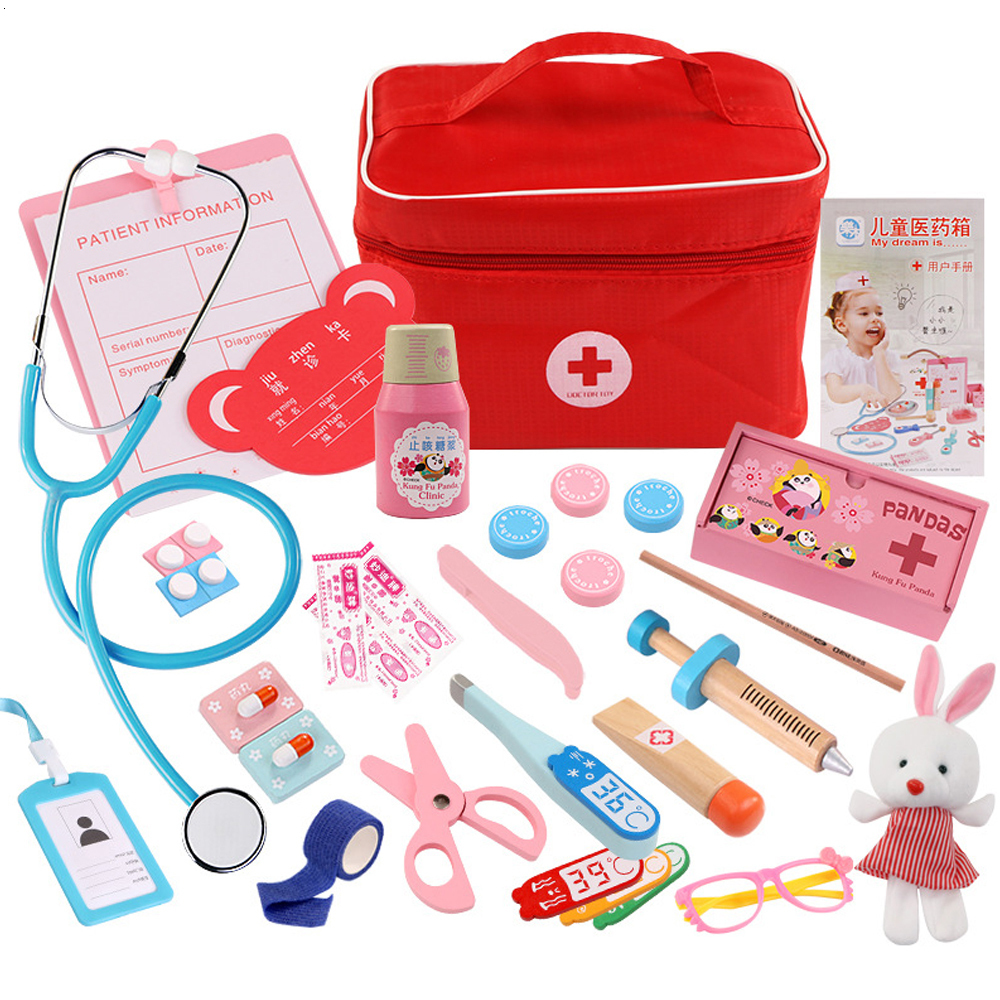 Kids Wooden Doctor Toys Simulation Medical Kit Dentist Nurse Toys Portable Medicine Box for Childrens Role Play Game