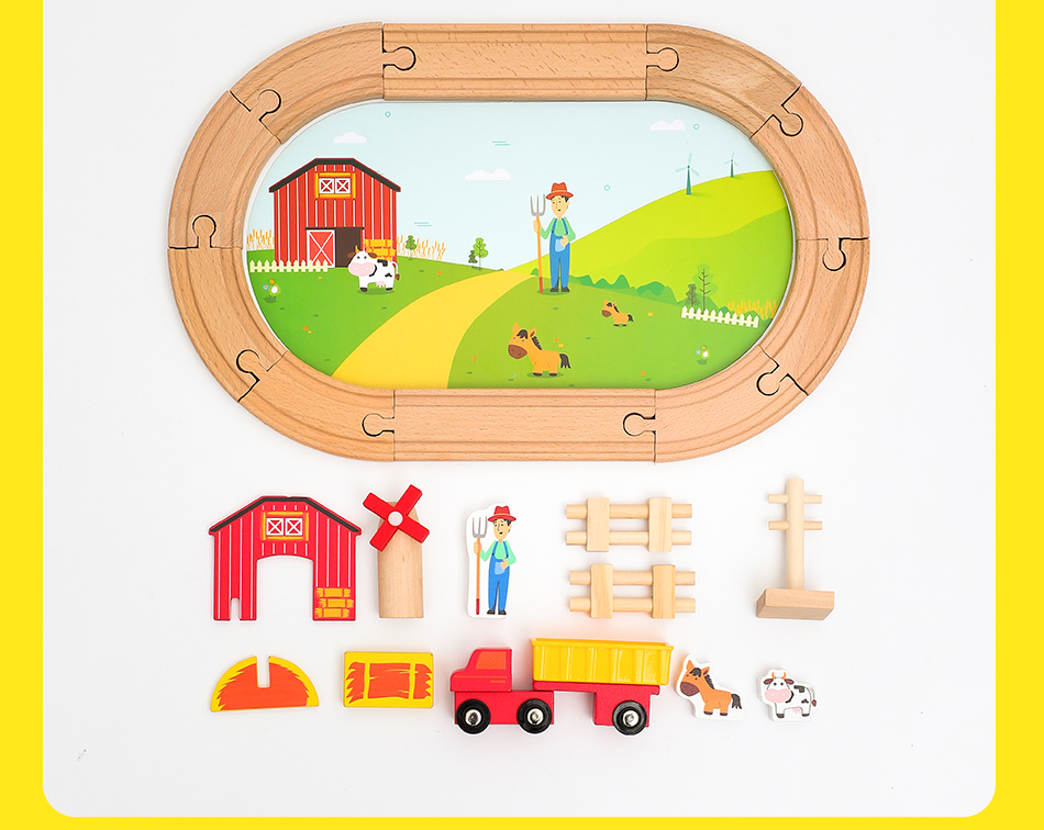 Wooden little train farm track set toy boy with blocks