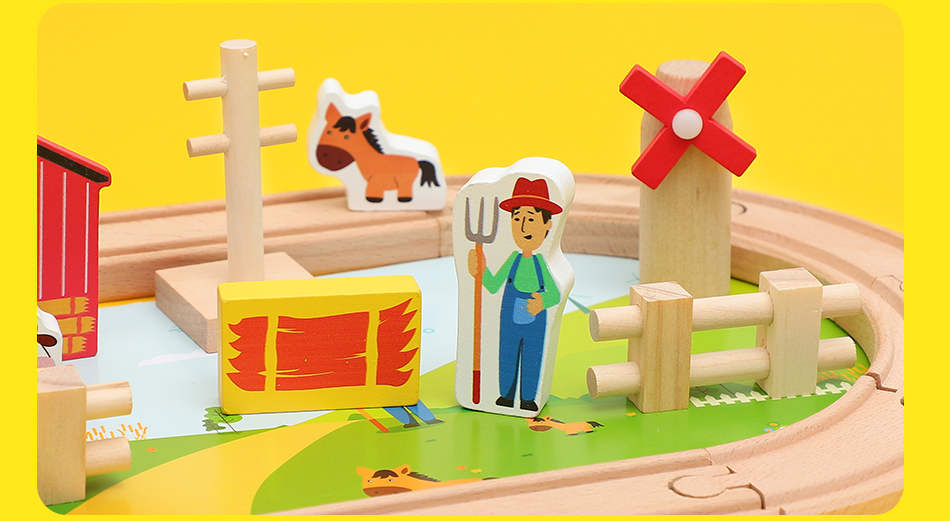 Wooden little train farm track set toy boy with blocks