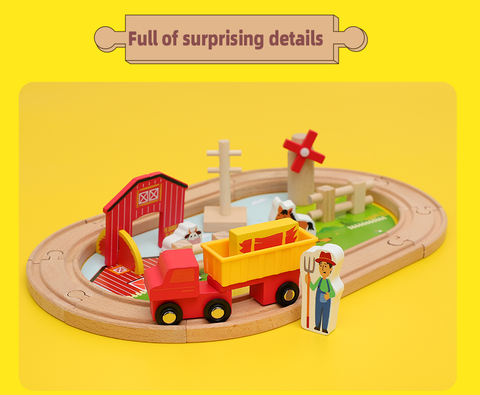 Wooden little train farm track set toy boy with blocks