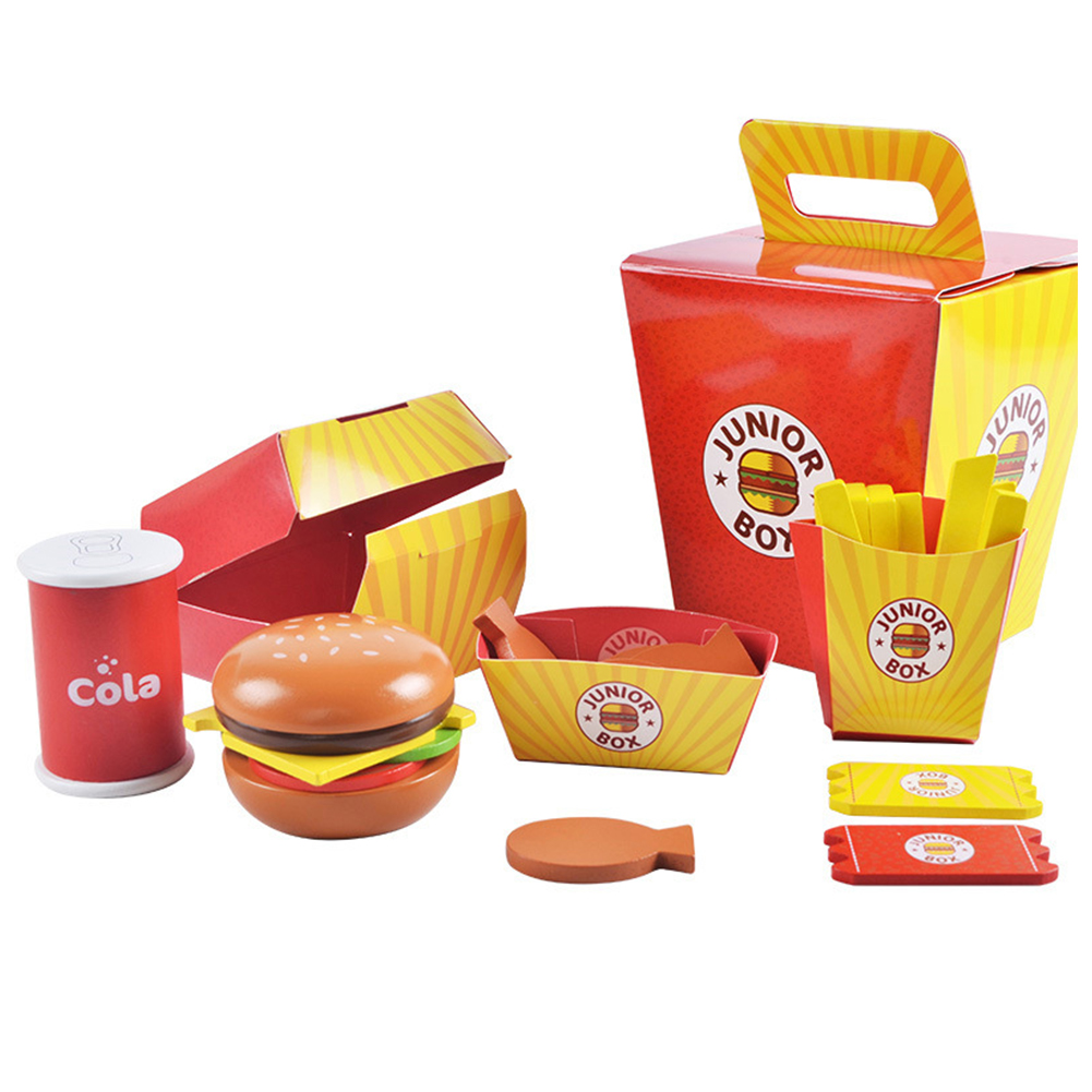 Childrens Wooden Play House Game Fast Food Burger Fries Toy Set Fries Hamburger Family Bucket Food Educational Toy Mode