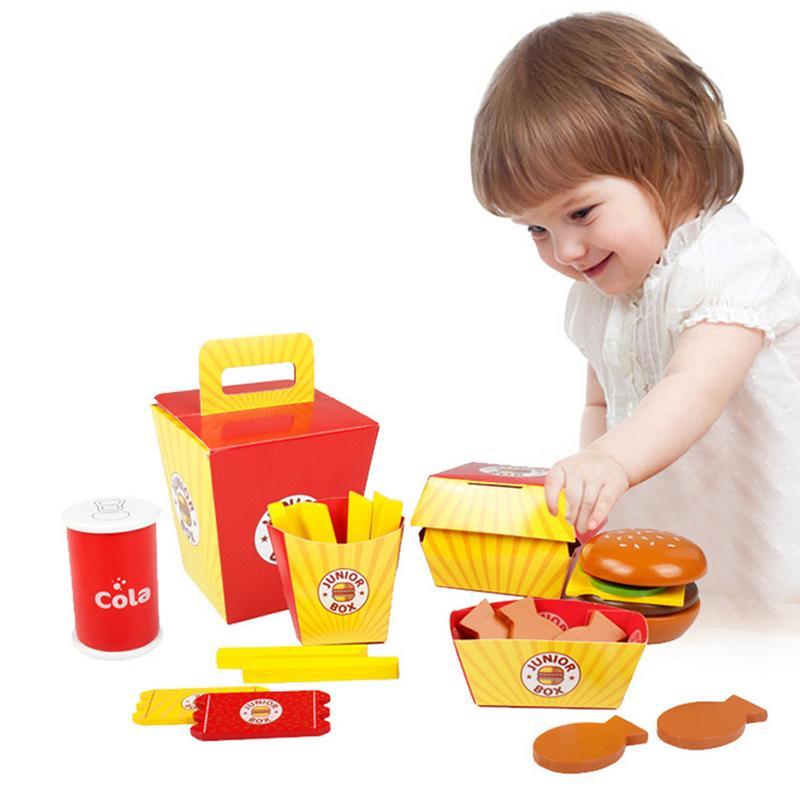 Childrens Wooden Play House Game Fast Food Burger Fries Toy Set Fries Hamburger Family Bucket Food Educational Toy Mode
