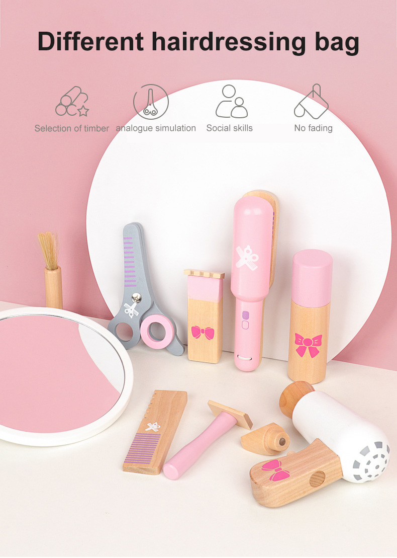 New Product Creative Pink Girl Wooden Play House Haircut Toy Set Child Simulation Wooden Toy Set Holiday Gift