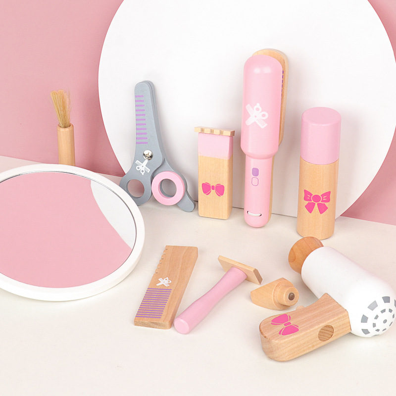 New Product Creative Pink Girl Wooden Play House Haircut Toy Set Child Simulation Wooden Toy Set Holiday Gift