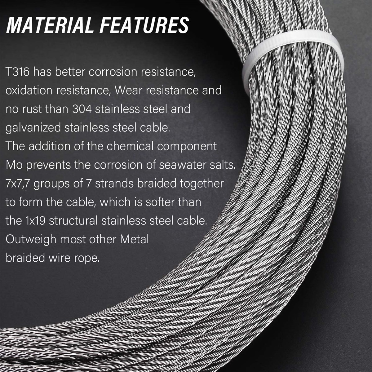 18 Inch T316 Marin Grade Stainless Steel Aircraft Wire Rope Cable for Railing Decking DIY Balustrade 7X7 Constructio