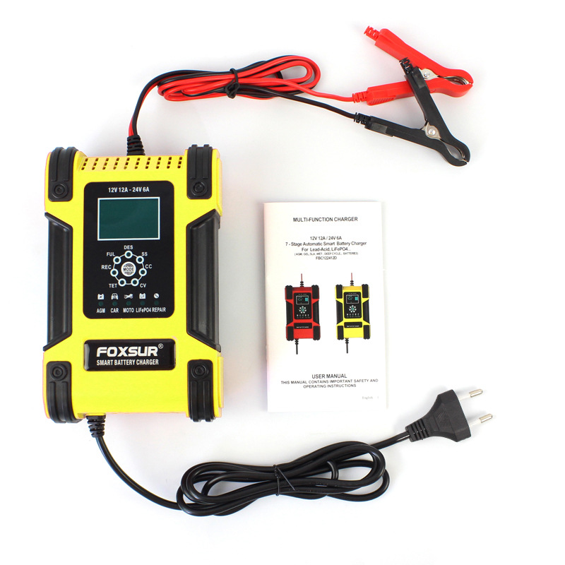FOXSUR 12V24V 12A Touch Screen Pulse Repair LCD Fast Power Charging Wet Dry Lead Acid Digital LCD Car battery charger