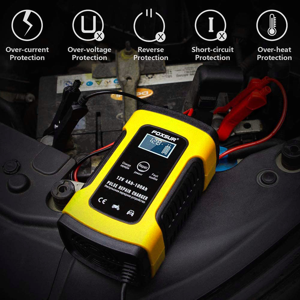 FOXSUR 12V 5A Motorcycle Car Battery ChargerMaintainer Desulfator Smart Pulse Repair Charger LCD Display