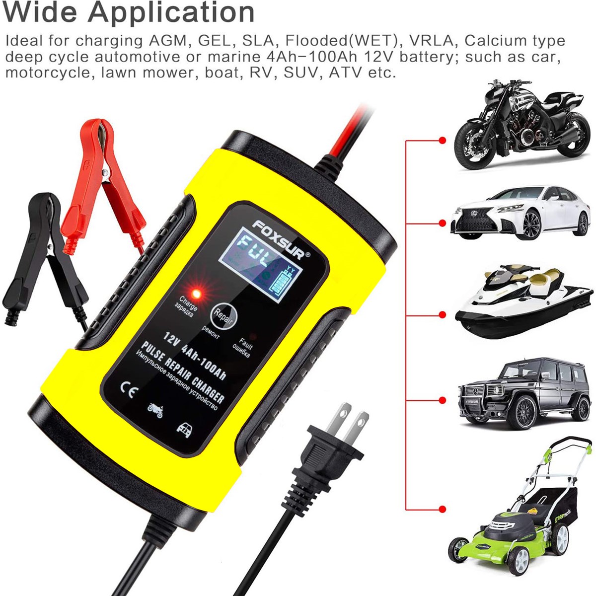 FOXSUR 12V 5A Motorcycle Car Battery ChargerMaintainer Desulfator Smart Pulse Repair Charger LCD Display