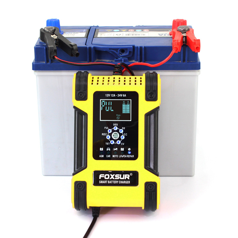 FOXSUR 12V24V 12A Touch Screen Pulse Repair LCD Fast Power Charging Wet Dry Lead Acid Digital LCD Car battery charger