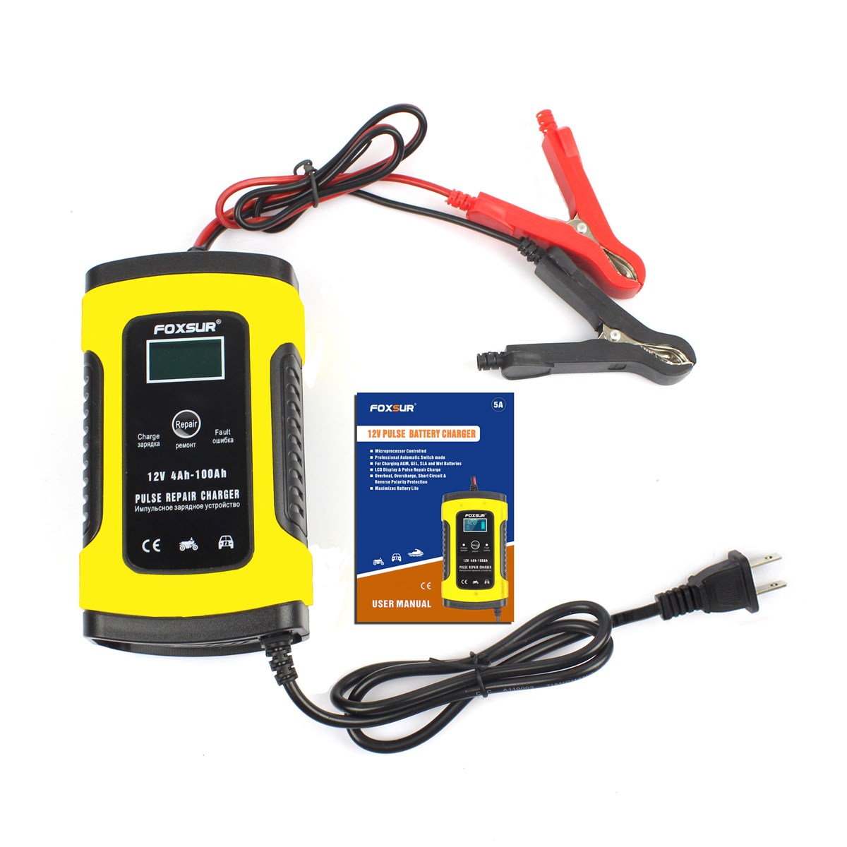 FOXSUR 12V 5A Motorcycle Car Battery ChargerMaintainer Desulfator Smart Pulse Repair Charger LCD Display