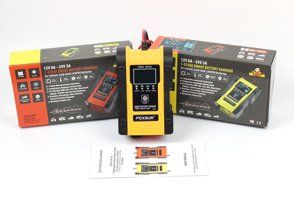FOXSUR Car Battery Charger 12V 24V Battery Charger Maintainer for AGM GEL WET Lithium LiFePO4