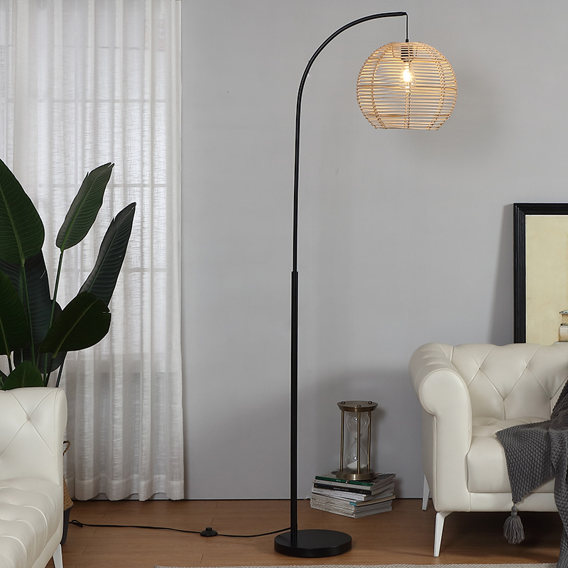 Arc Floor Lamp with Rattan Globe ShadeTall Standing Floor Lamp for Living Room Study Antiqu e Brass