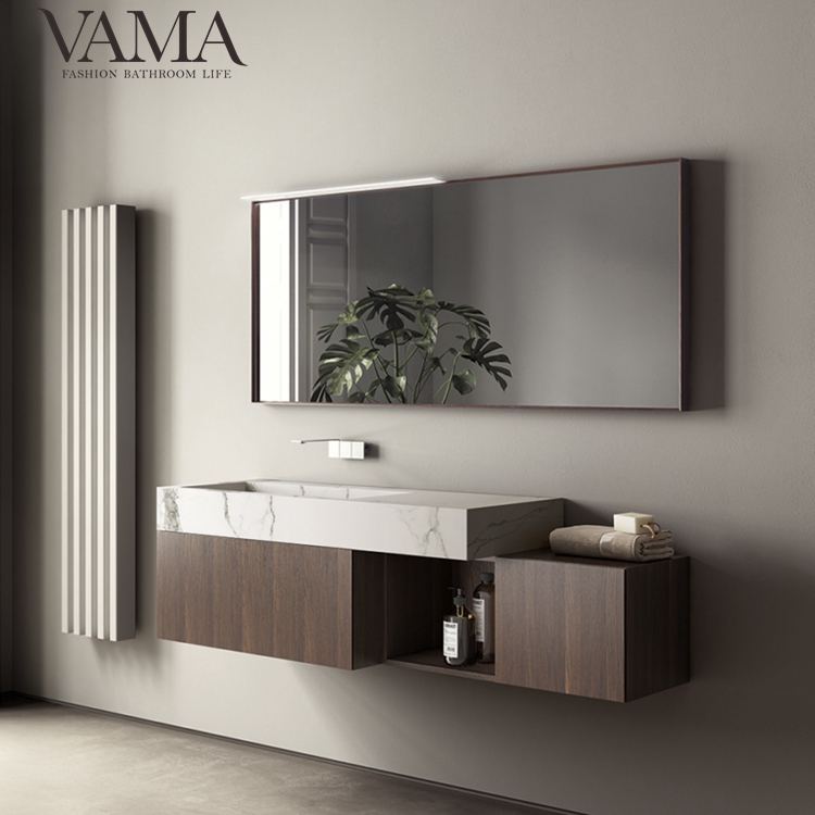 Vama 60 Inch Hanging Timber Veneer Modern Bathroom Cabinet with Solid Surface Basin Lb004