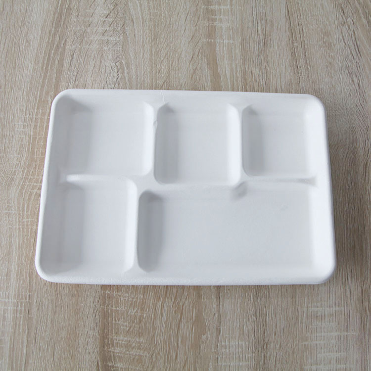 Disposable bagasse 5 compartment meal tray biodegradable bagasse food tray wholesale