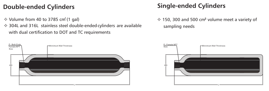 316L 304L stainless steel single end double end 40 to 3785 cm square internal volume sample cylinder
