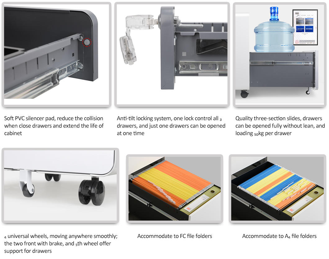 Modern Round Angle 3 Drawer Filing Cabinet Mobile Pedestals in Steel