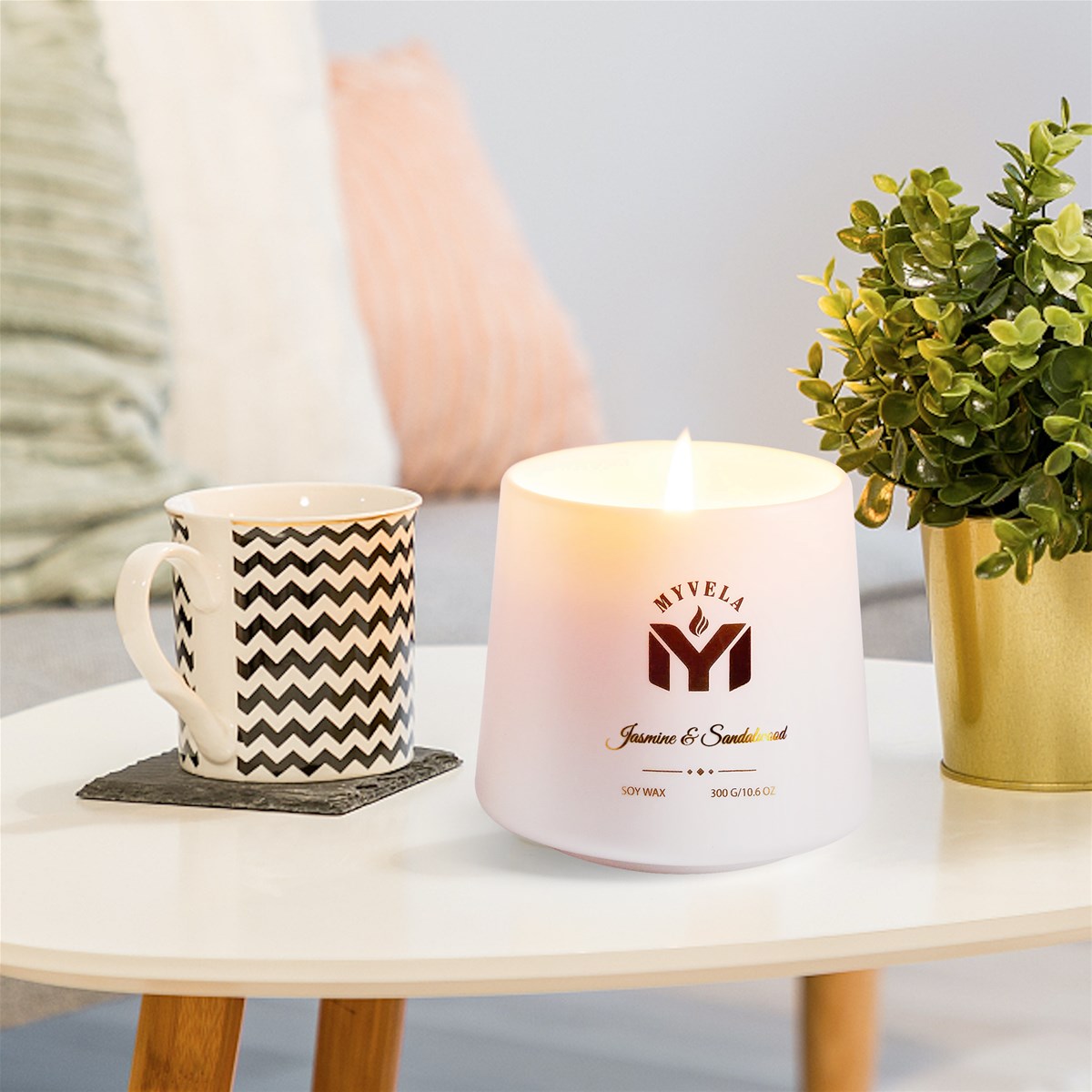 Scented Candles Jasmine and Sandalwood Fragrance 106 Oz Soy Wax Semitransparent Porcelain Cone Shape Jar 60 Ho
