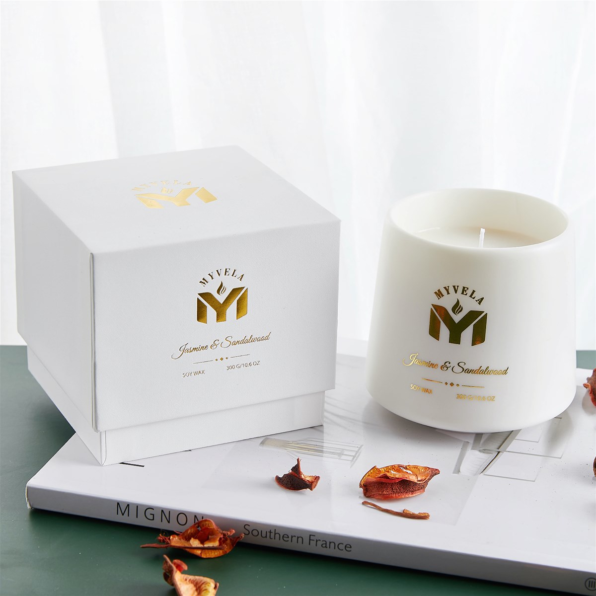 Scented Candles Jasmine and Sandalwood Fragrance 106 Oz Soy Wax Semitransparent Porcelain Cone Shape Jar 60 Ho