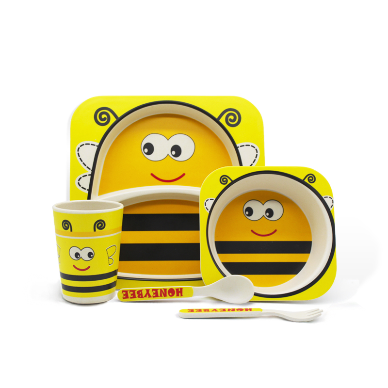hot sale 5 piece promotion gift cartoon custom bamboo fiber kids dinner plate set with dividers