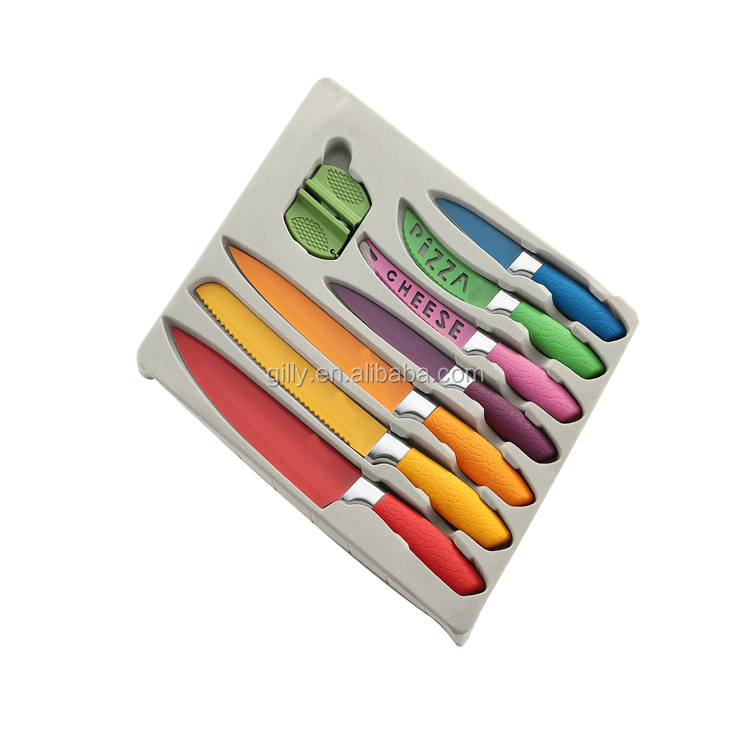 2021 Spcial style 8pcs colorful kitchen nonstick knives set with mini knife sharpener