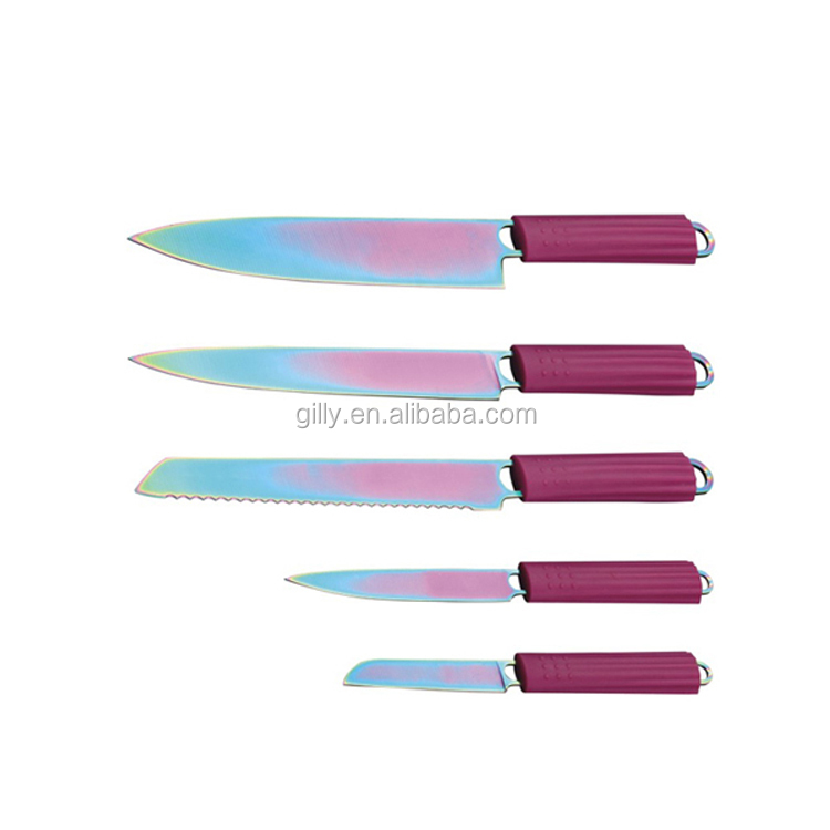 Hot selling happy chef multifuction titanium coating luxury kitchen knife set with silicone handle cutlery