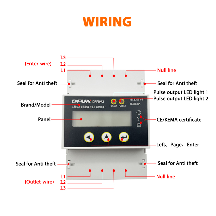 DFUN DFPM93 RS485 AC DIN Rail Three Phase Power Monitoring Meter with Multi tariff Energy Meter
