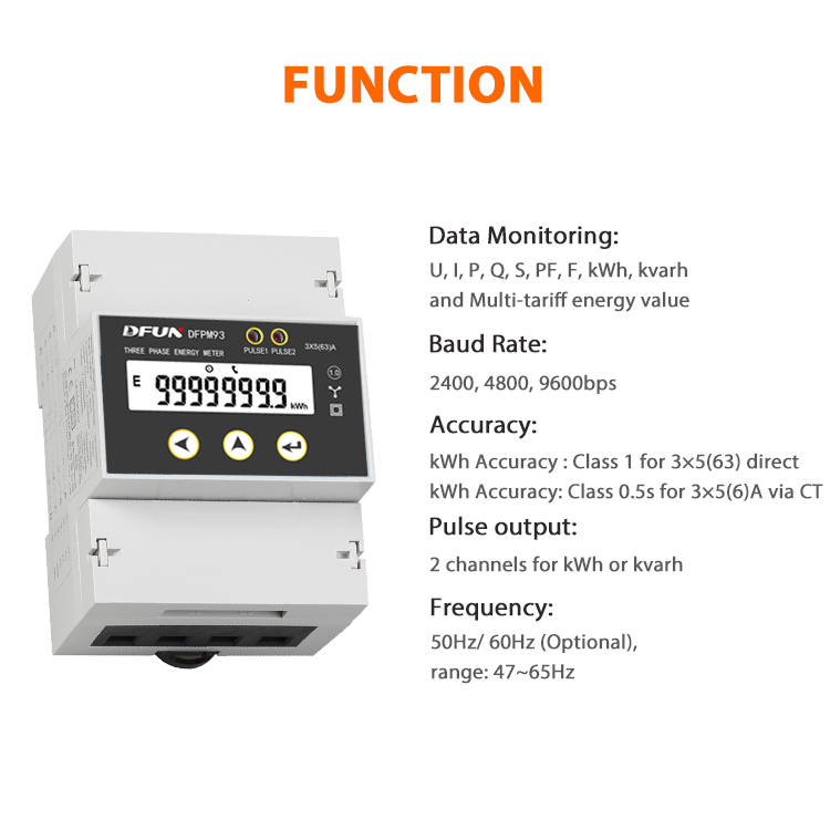 DFUN DFPM93 RS485 AC DIN Rail Three Phase Power Monitoring Meter with Multi tariff Energy Meter