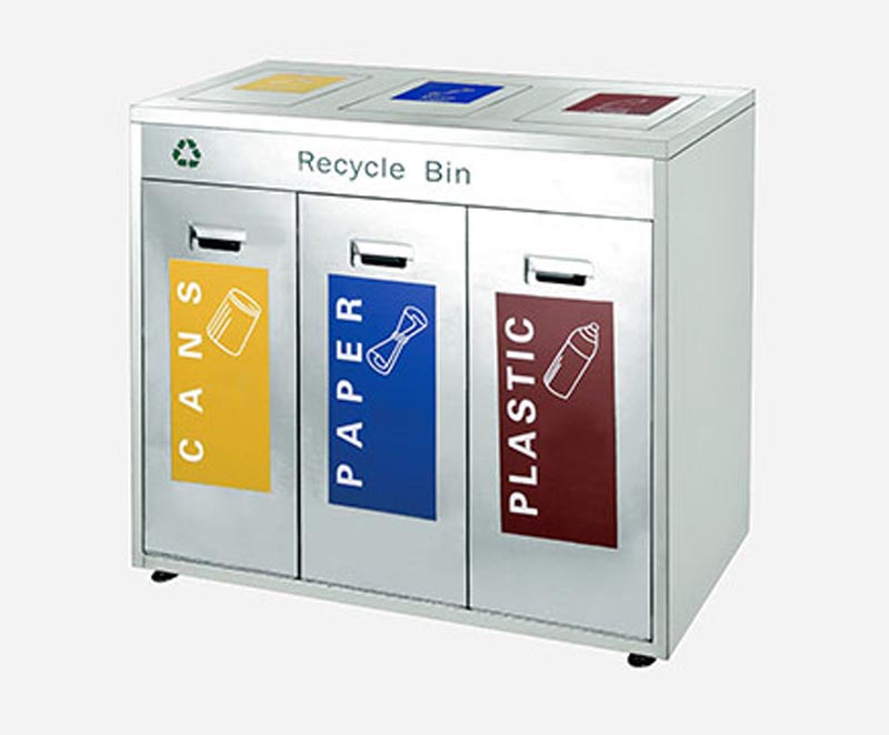 MAXHB59 Outdoor 3 Compartment Commercial Stainless Steel Waste Bin With Swing Lid For Square