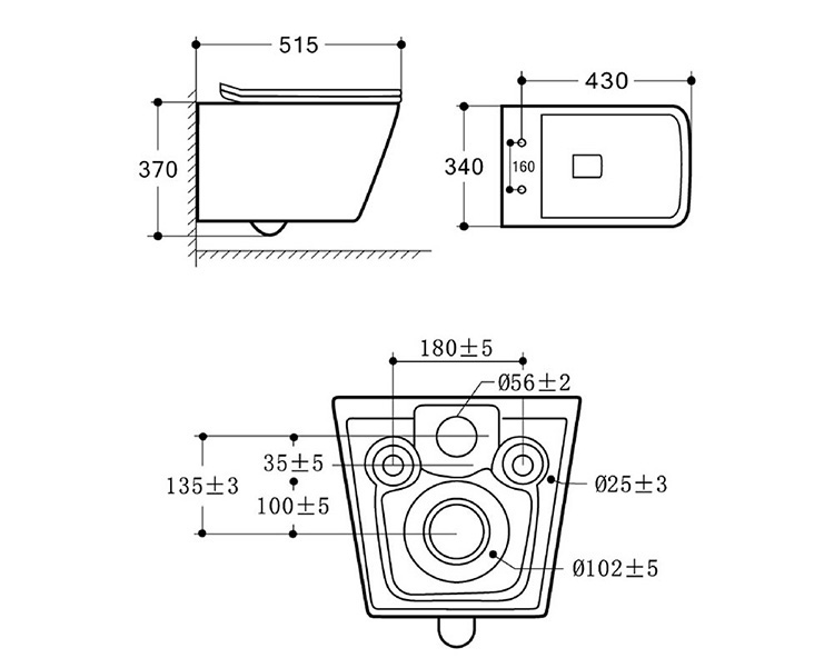 Modern square washdown rimless Ptrap wall mounted toilet for home bathroom