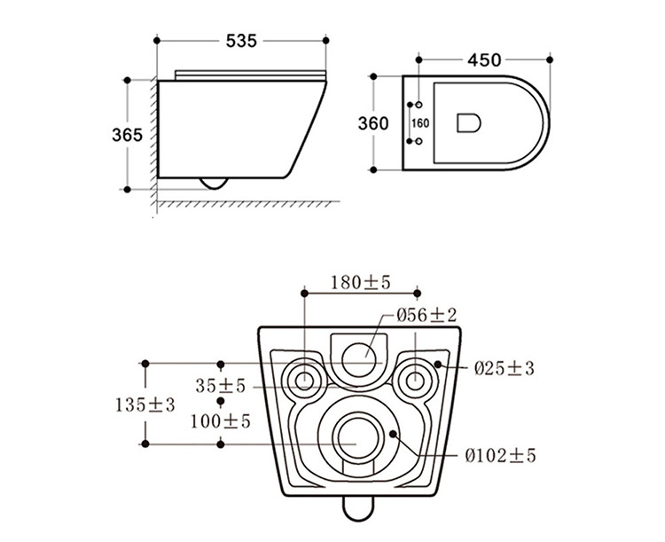 Spacesaving design Ptrap One piece Wash down Wall hung toilet with rimless