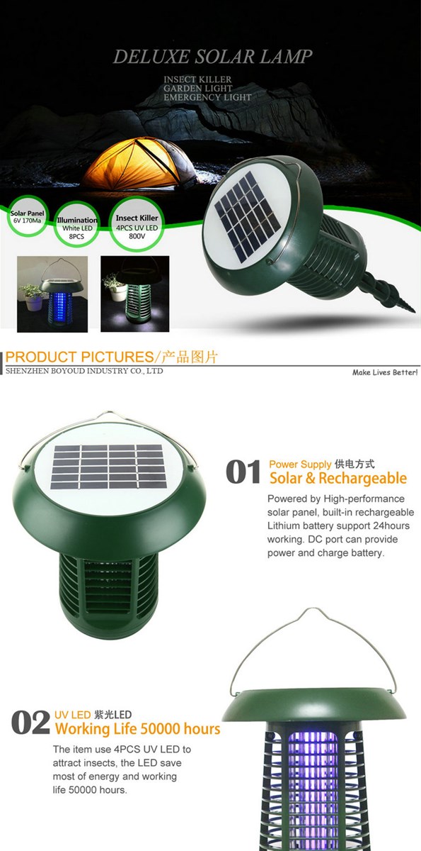 Rechargeable Outdoor Solar Powered Bug Zapper Mosquito Killer Lamp