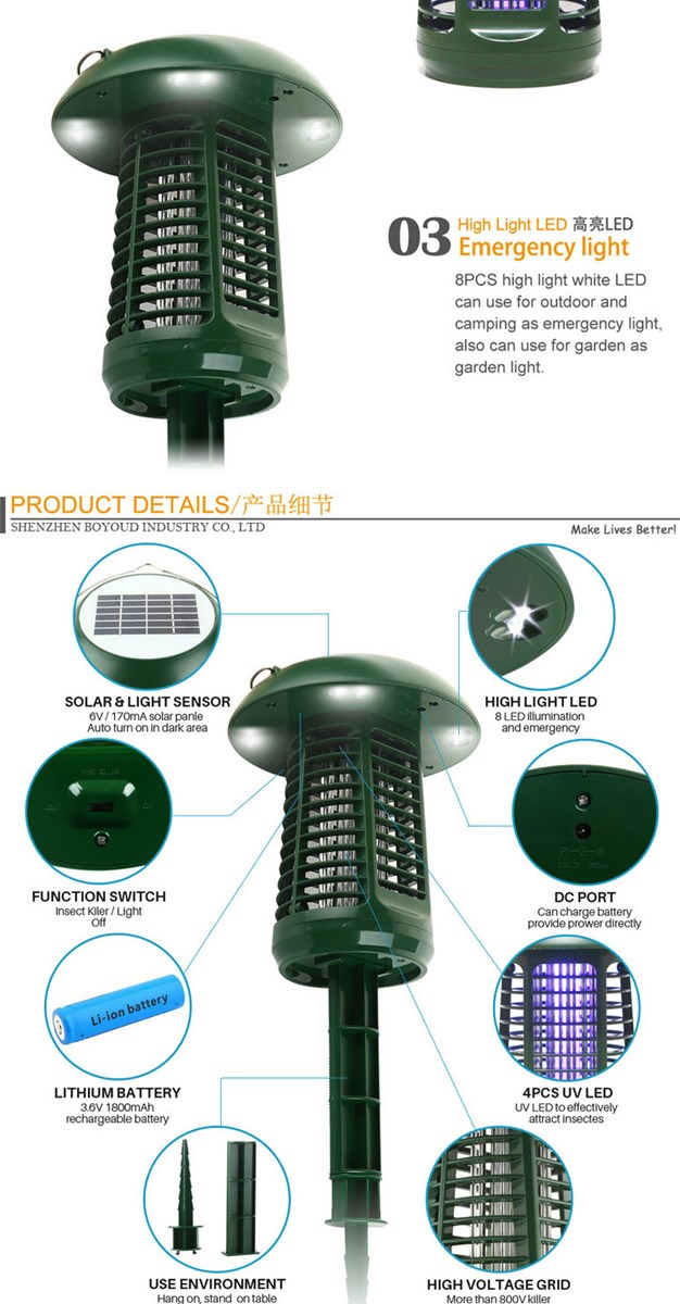 Rechargeable Outdoor Solar Powered Bug Zapper Mosquito Killer Lamp