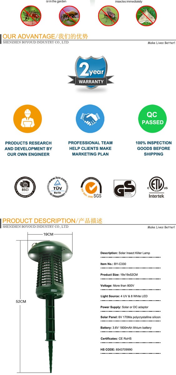 Rechargeable Outdoor Solar Powered Bug Zapper Mosquito Killer Lamp