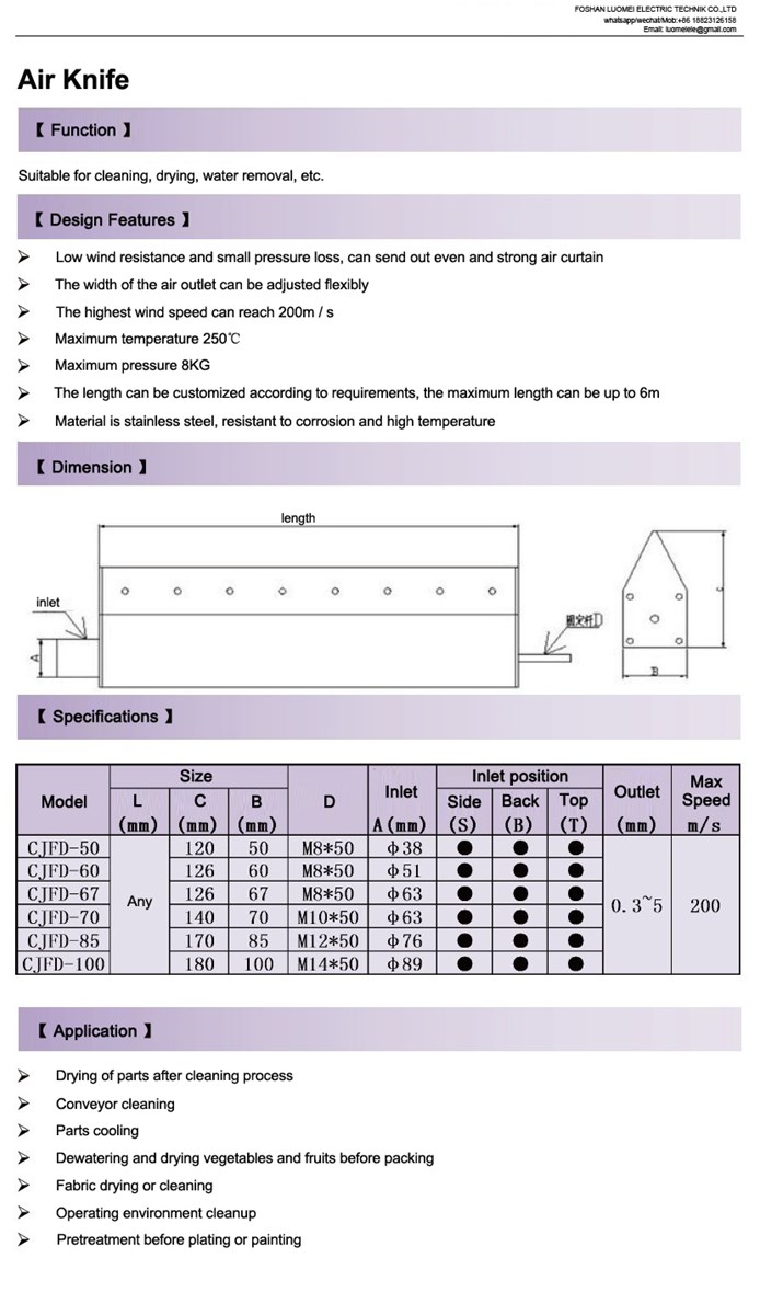 Stainless steel air knife for bottles drying system