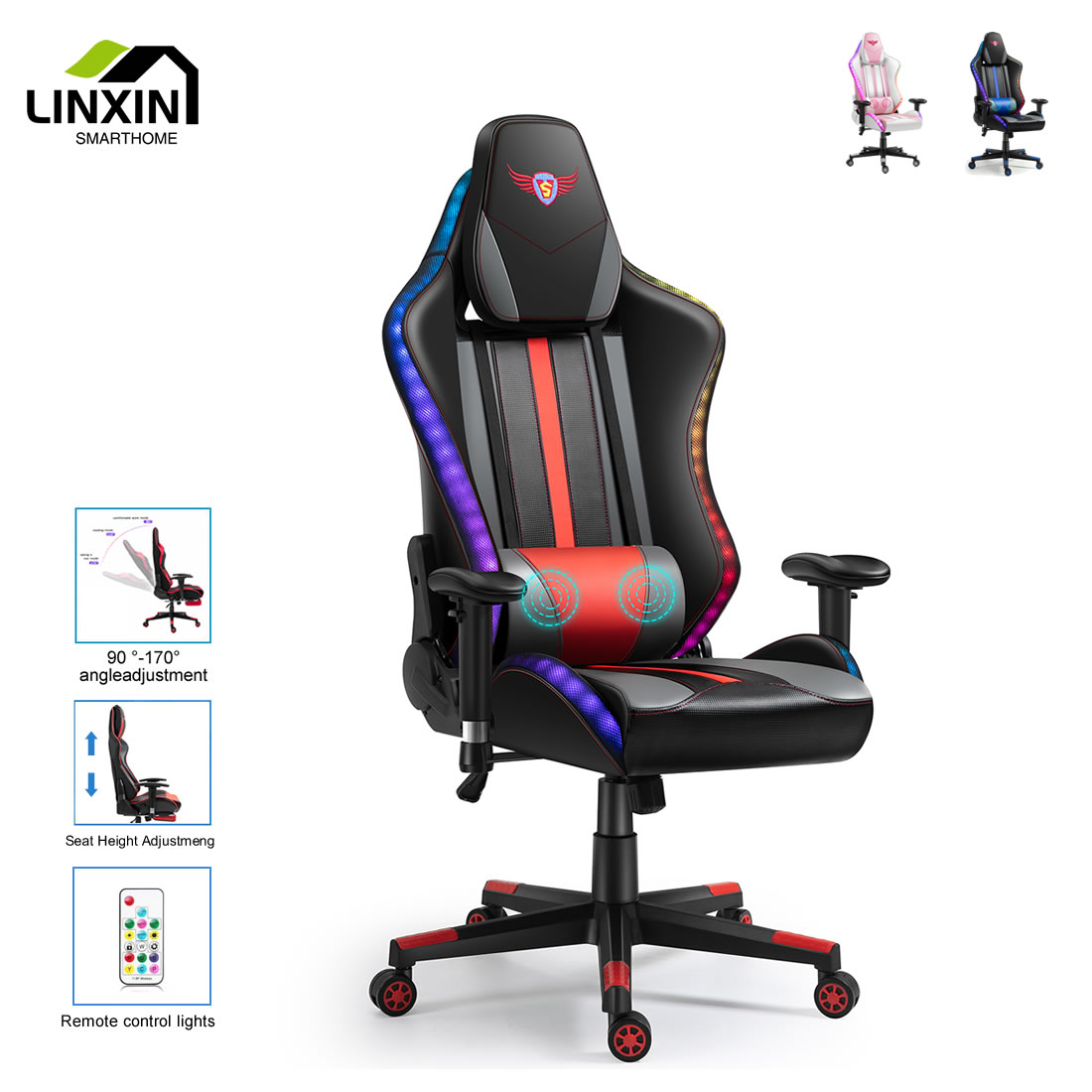 NEW Design LED Light RGB Reclining PC Computer Gamer Player Chaise Black & Blue PU Leather Home Gaming Chair Custom Lo