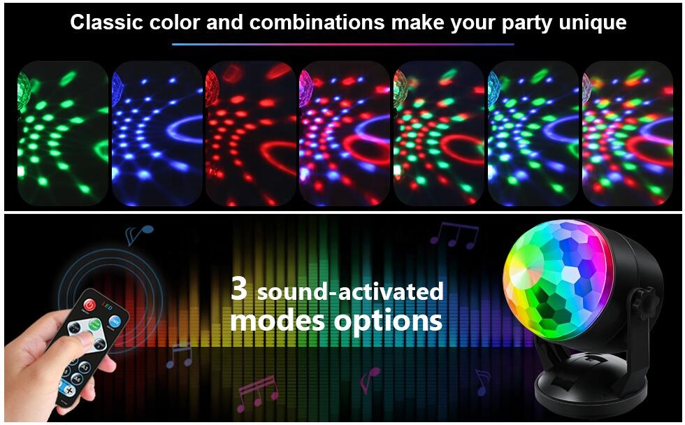 Portable Sound Activated Party Lights for Outdoor Indoor Battery PoweredUSB Plug In Dj Lighting RBG Disco Ball Stro