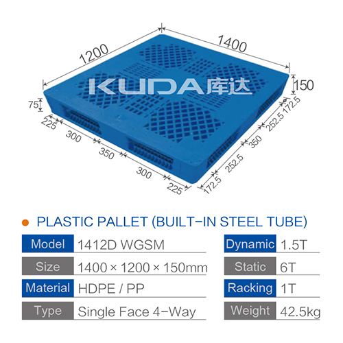 Warehouse export used of china manufacturer 1412D WGSM PLASTIC PALLETBUILTIN STEEL TUBE