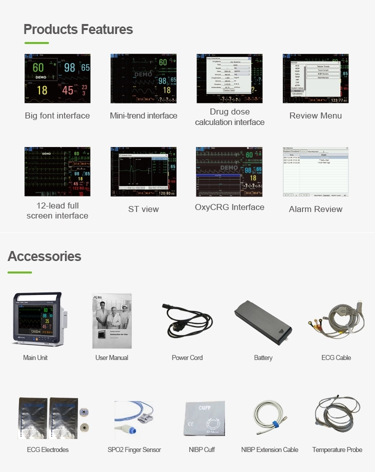 CE Approved China Medical Portable MultiLanguage Bedside Patient Monitor with Six Parameters