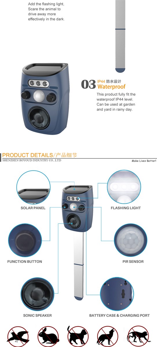 Portable sound animal pest repeller ultrasonic solar anti cat deer repellent for garden
