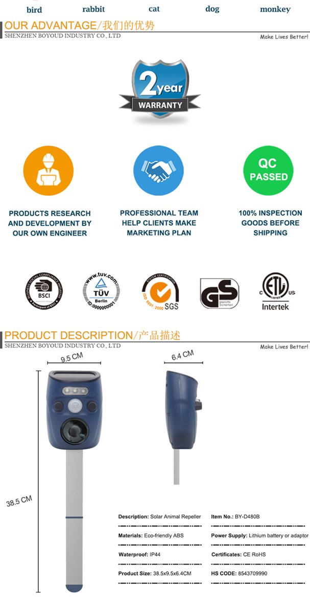 Portable sound animal pest repeller ultrasonic solar anti cat deer repellent for garden