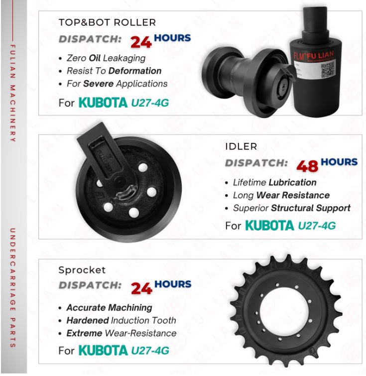 For Kubota U27 U274G Undercarriage Parts Idler Bottom Roller Sprocket Top Carrier Roller Rubber Track Mini Excavator