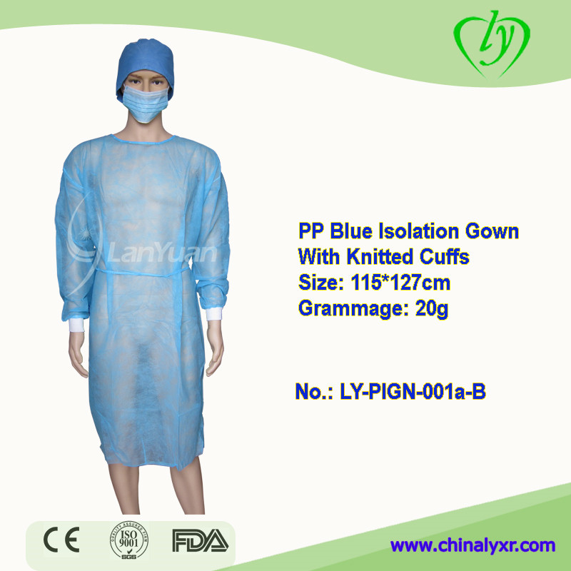 LY Medical PP Blue Disposable Isolation Gown with Kintted Cuffs