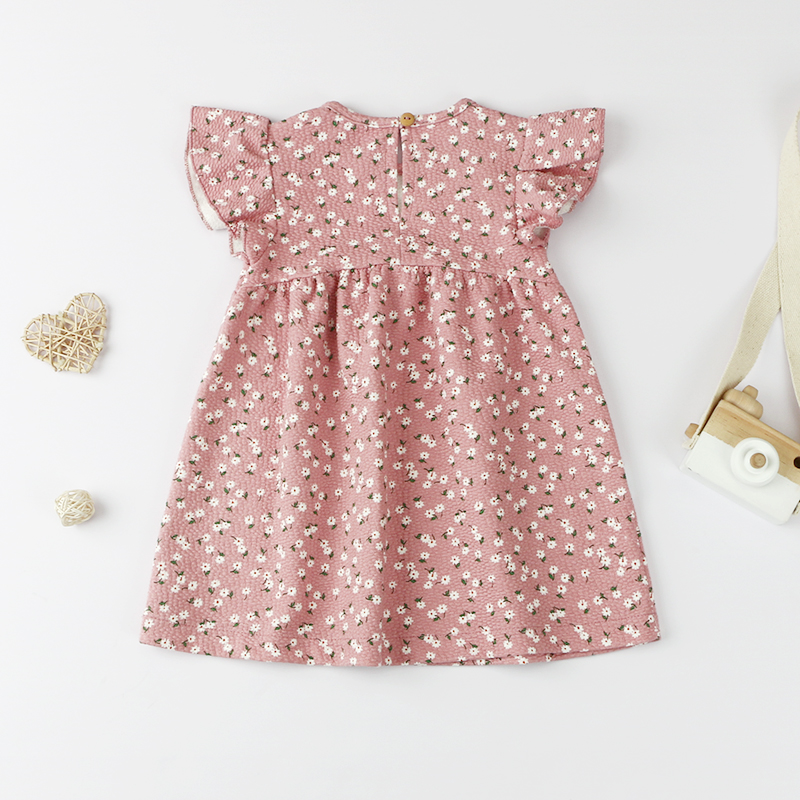 Summer Pink Flower Cute Girl Dress Kids Fly Sleeve Flower Print Princess skirt