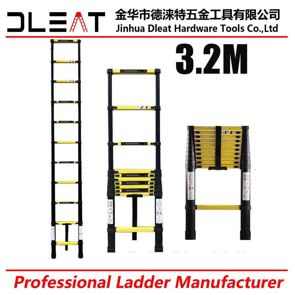 Yellow With Black Dleat 32M Aluminum Single Telescopic Ladder With EN131